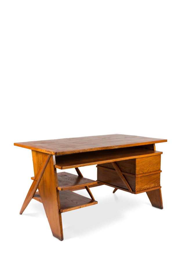 Desk-  Vintage Italian Oak wood with Symmetrical  legs and drawers