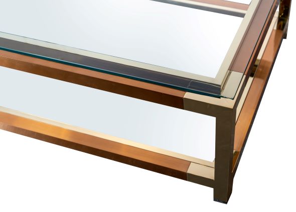 Vintage Glass Top Brass and Copper Coffee Table
